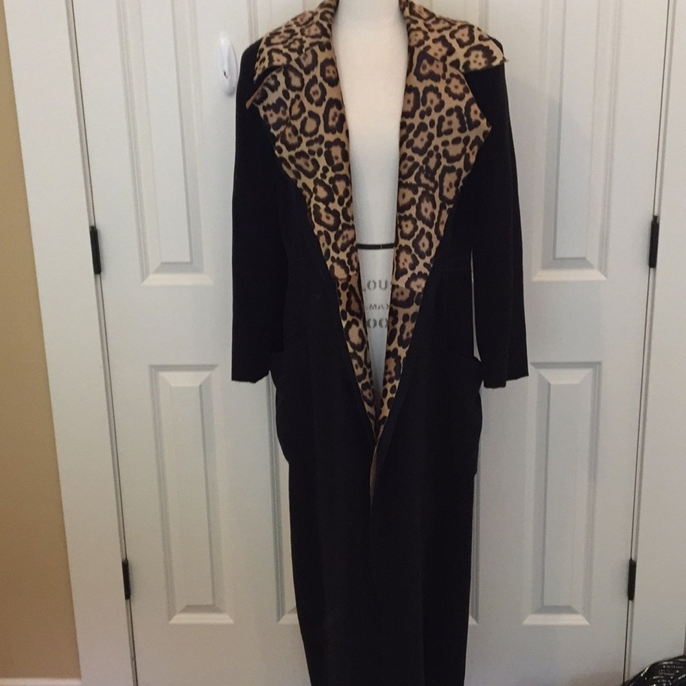 Fendi long black and leopard cashmere coat